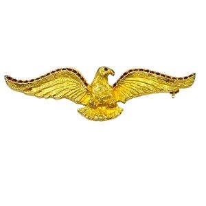 Vintage Signed Bellini Gold Tone & Red Crystal Eagle Figural Brooch